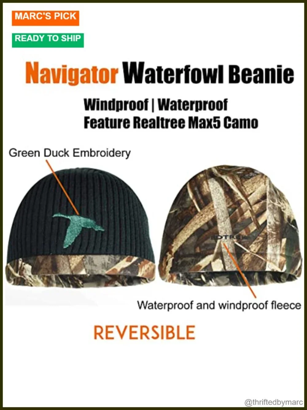 Waterproof Windproof Reversible Camo Fleece Acrylic Beanie Hunting Hat